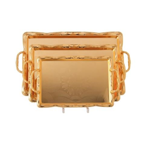 طقم صواني معدن منقوش ذهبي 3 قطعة