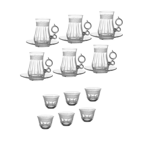 طقم شاي وقهوة زجاج تركي 18 قطعة يد معدن