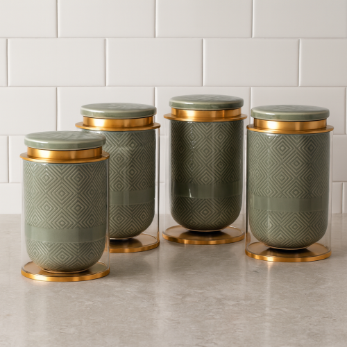 طقم علب فاخر من الزجاج والسيراميك للأبازير 4 قطع ر...