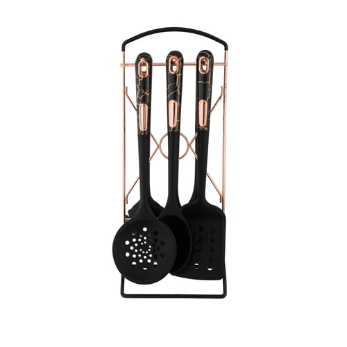 طقم ملاعق غرف سيلكون بمقبض بلاستيك اسود وذهبي مع ا...