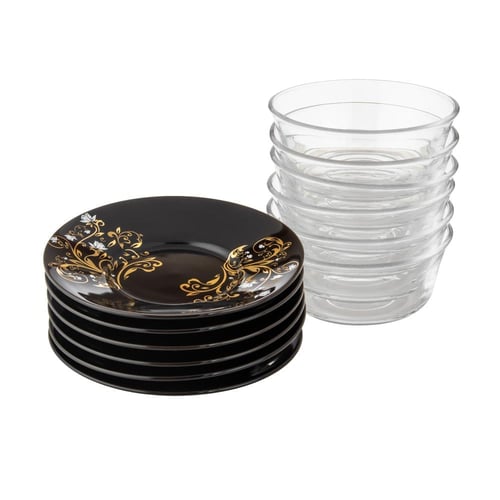 طقم 6 زبادي حلى زجاج مع صحن اسود منقوش متعدد الاست...