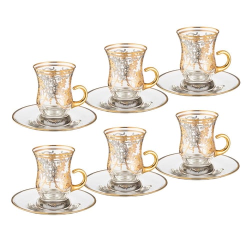 طقم شاي كريستال تركي فاخر 6 كاسات + 6 صحون