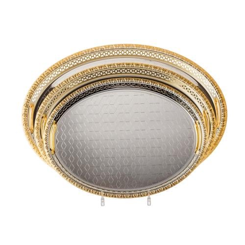 طقم صواني بيضاوي مزخرف 3 قطع فضي ذهبي