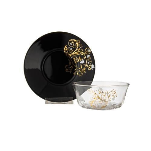 طقم 6 زبادي حلى زجاج مع صحن اسود منقوش متعدد الاست...