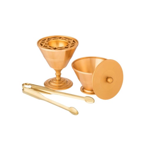 طقم مبخرة وعلبة للعود من المعدن مع تبسي وملقط ذهبي