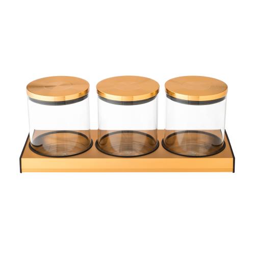 طقم ابازير زجاج مع ثاعدة وغطاء من المعدن ذهبي 3 قط...