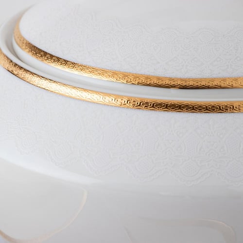 طقم سفرة بورسلان ابيض بون شاينا منقوش ذهبي 35 قطعة...