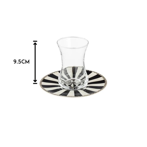 طقم كاسات شاي زجاج شفاف مع صحن بورسلان مزخرف اسود...