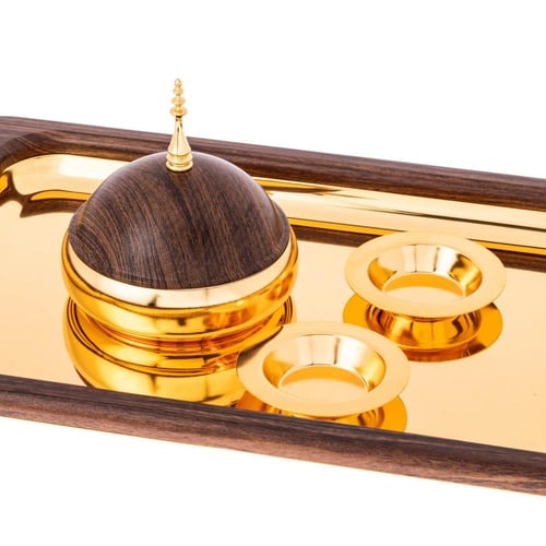 طقم تمرية فاخر مع صينية معدن خشبي ذهبي 4 قطعة