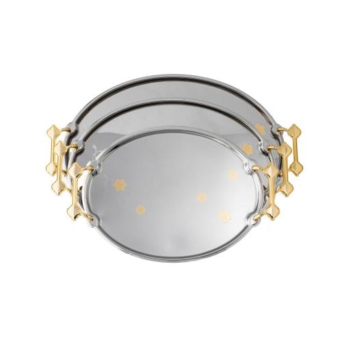 طقم صواني بيضاوي نقش زهور 3 قطع نيكل نقش ذهبي