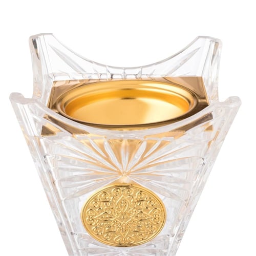 مبخرة كريستال مربع بقاعدة وغطاء معدن ذهبي