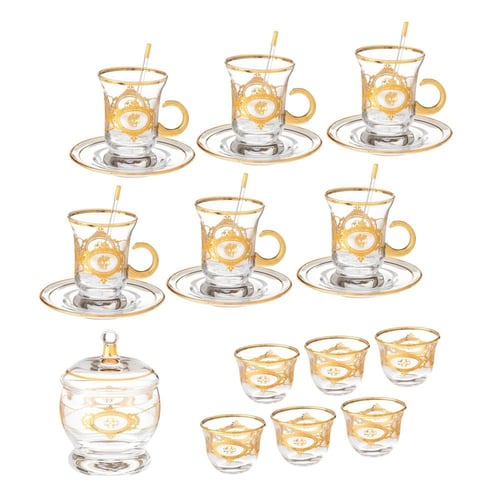 كاسات شاي وفناجين قهوة زجاج تركي 25 قطعة ذهبي