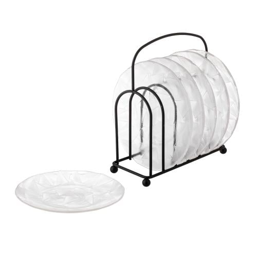 طقم صحون حلا زجاج 6 قطعة مع استاند معدن اسود مقاس...