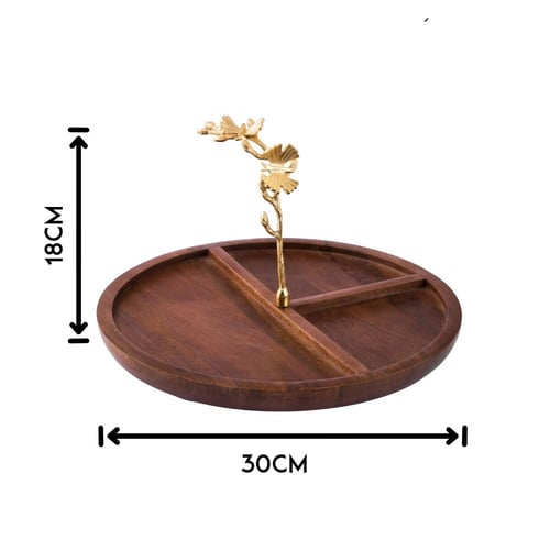 صحن مكسرات مقسم خشب هندي بحامل ذهبي
