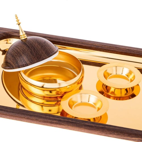 طقم تمرية فاخر مع صينية معدن خشبي ذهبي 4 قطعة