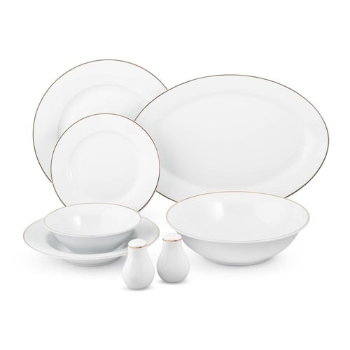 طقم سفرة بورسلان ابيض سادة بخط ذهبي 28 قطعة