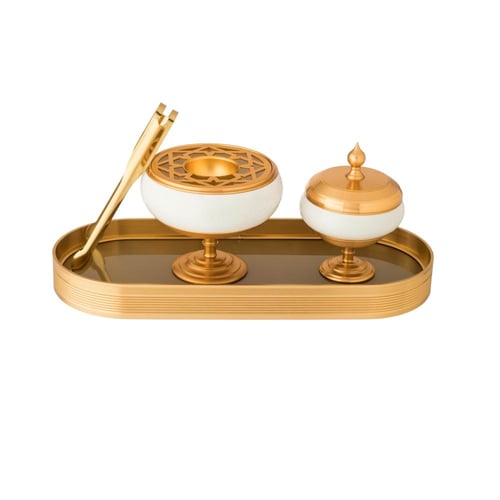 طقم مبخرة وعلبة للعود من البورسلان مع تبسي وملقط ذ...