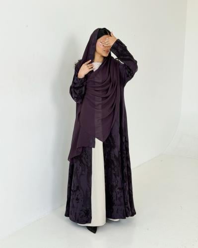 Turkish jacquard silk abaya, purple 213
