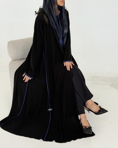 Crepe abaya with navy trim and a printed shawl 215