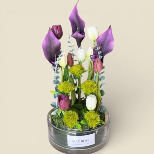 فازة ورد صناعي كالا و توليب مكس ابيض / بنفسجي