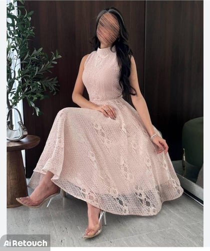 فستان سهرة دانتيل وردي بدن اكمام