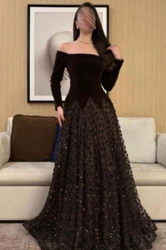 فستان سهرة أوف شولدر بني فاخر