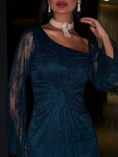 فستان سهرة دانتيل فرنسي فصوص رزكون