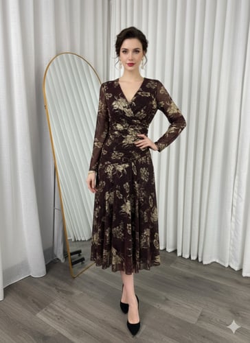 فستان سهرة عودي نقوش ذهبية