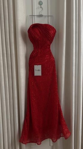 فستان سهرة أحمر دانتيل ترتر