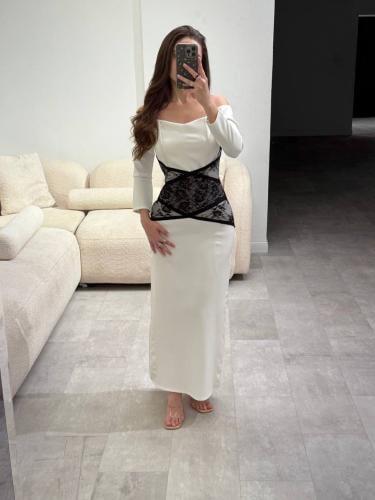 فستان ناعم ابيض دانتيل أسود