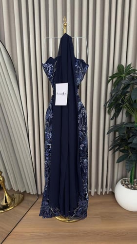 فستان سهرة كحلي مطرز بالكامل فاخر