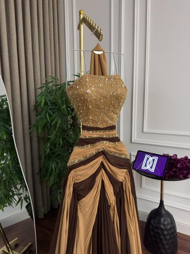 فستان سهرة شيفون تطريز يدوي راقي