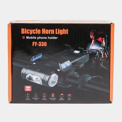 Phone holder, flashlight, and horn