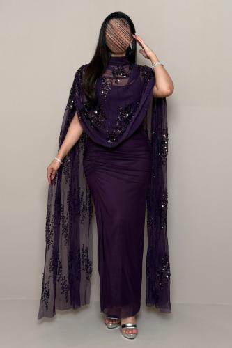 Long purple dress with a sheer shawl embellished with sequins by Mleha.