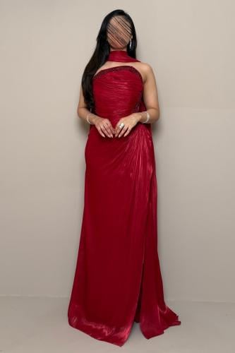 Long Red Dress with Shimmering Design and Back Shawl from Mleha.