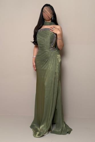 Long Olive Green Dress with a Lustrous Finish and Back Shawl by Mleha