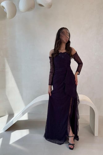 فستان سهرة بنفسجي دانتيل كت بأكمام طويلة شفافة