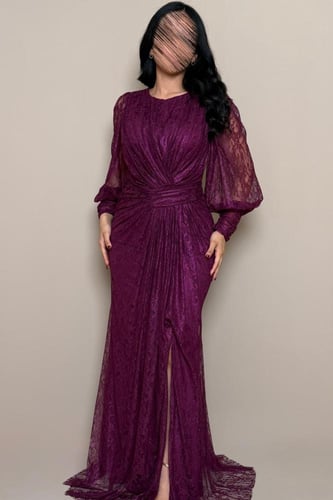 فستان بنفسجي دانتيل أنيق بكسرات من مليحة