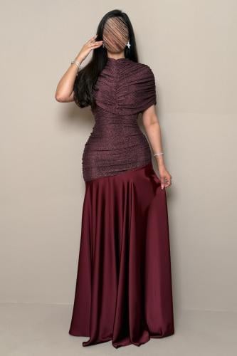 Long Burgundy Dress with a Lustrous Finish and High Neckline by Mleha