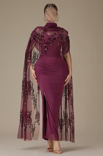 Long burgundy dress with a sheer shawl embellished with sequins by Mleha.