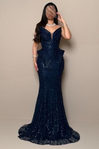 Long Navy Dress with a Corset Design and Shimmering Sequins