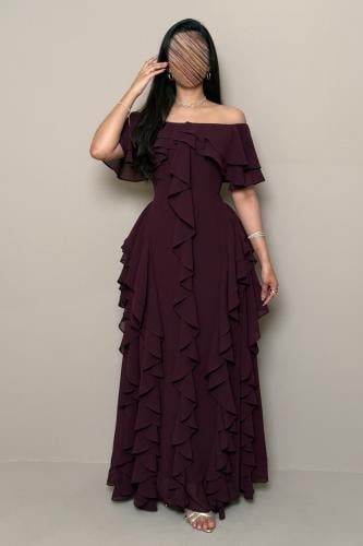 Long burgundy off-shoulder dress with luxurious ruffle details by Mleha.