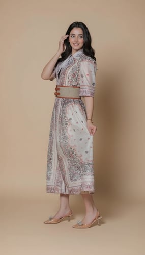 فستان ناعم رسمي بياقة مطوية بحزام سميك