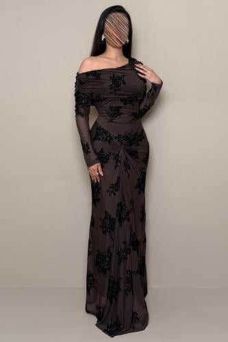 Long Brown Off-Shoulder Dress with Shimmering Black Embroidery