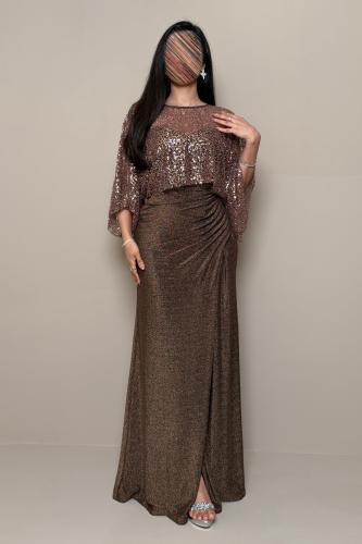 Shimmering brown dress with sequin details and elegant soft pleats.