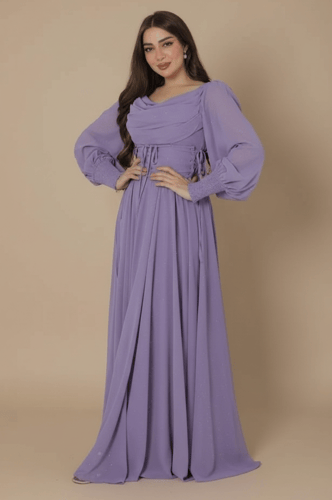 فستان شيفون بلمعة مع حزام كورسيه أنيق بلون موف فات...