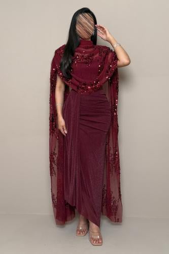 Oud Red Evening Dress with a Luxurious Sequin Shawl.
