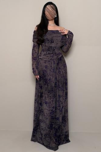 Long brown dress with off-shoulder design and a purple velvet floral pattern.
