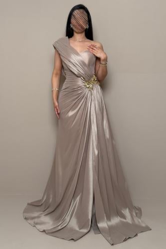 Beige Evening Dress with One-Shoulder Design and Gold Details