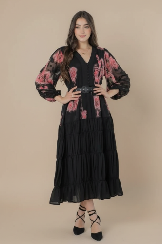 فستان ميدي ملون بطبعات ورود وكسرات من الاسفل